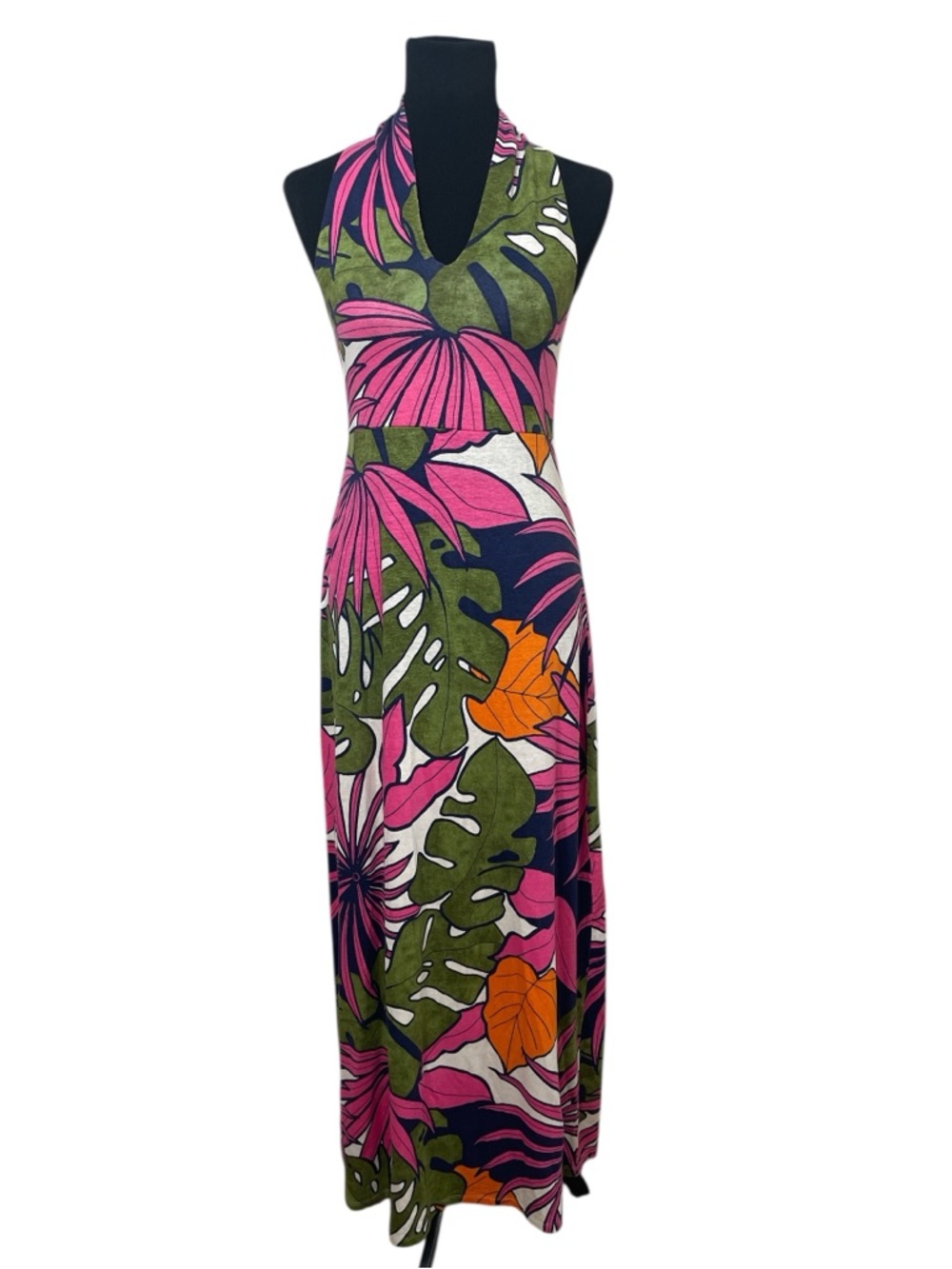 Tommy Bahama Tropical Floral Palm Leaf Stretch Linen Halter Maxi Dress